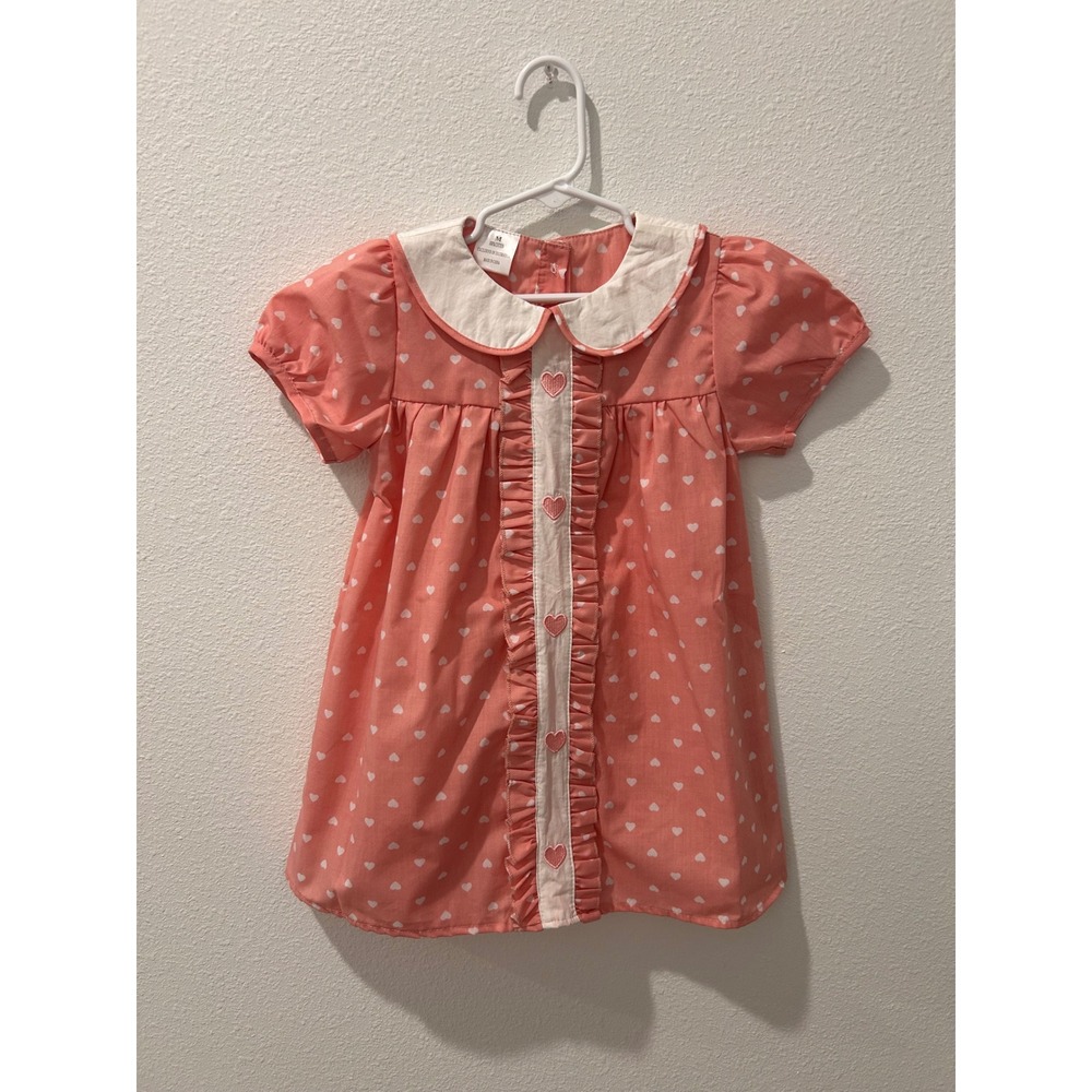 Pink Heart Print Cotton Dress Peter Pan Collar Ruffle Front Kids Size M